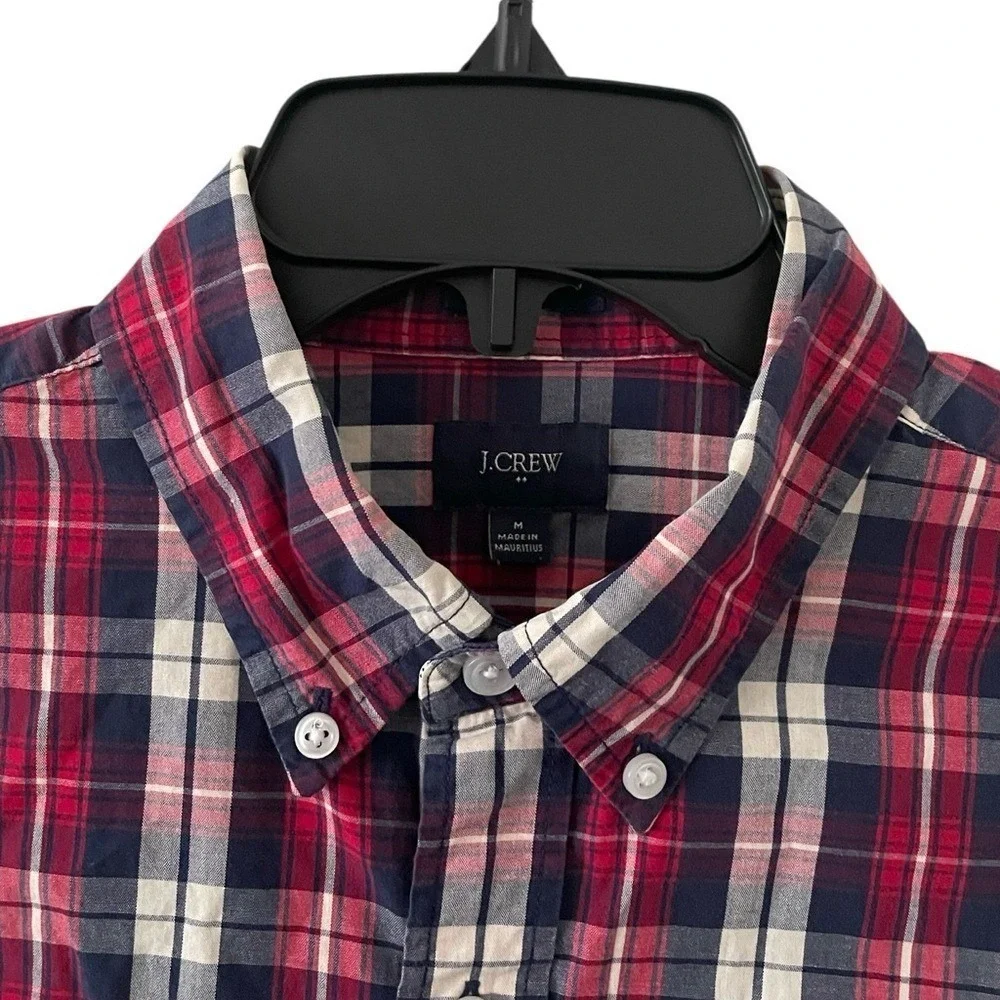J. Crew Men's Red Navy White Plaid Casual Slim Pocket Button Down Shirt Size M‎